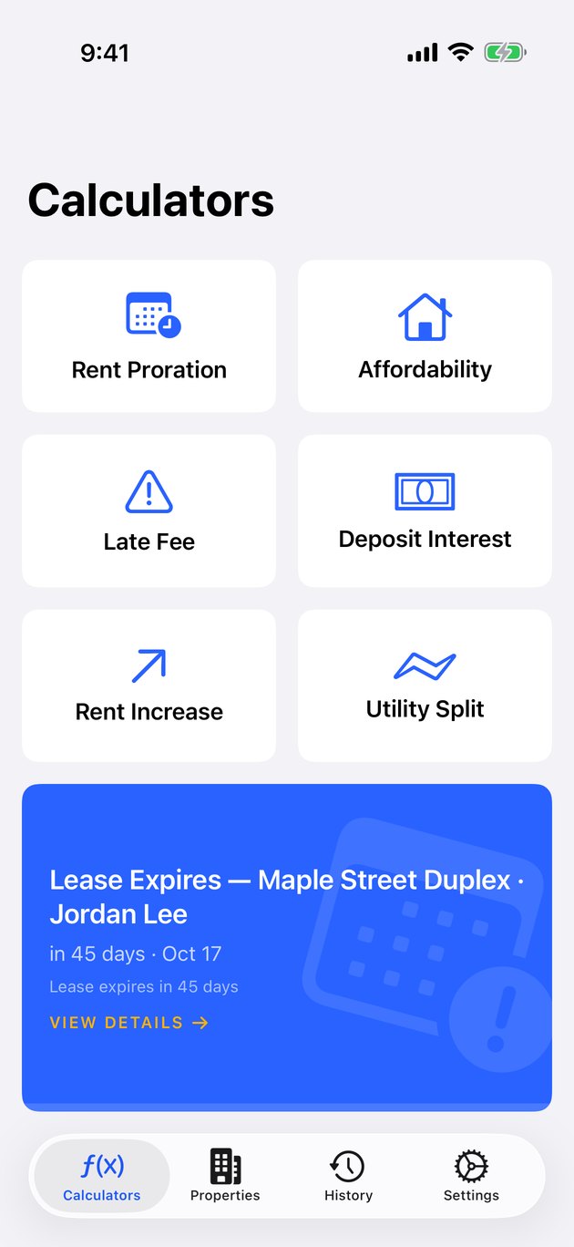 Six landlord calculators with a lease-expiration insight banner