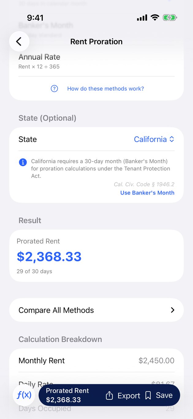 Prorated rent calculator citing Cal. Civ. Code § 1946.2
