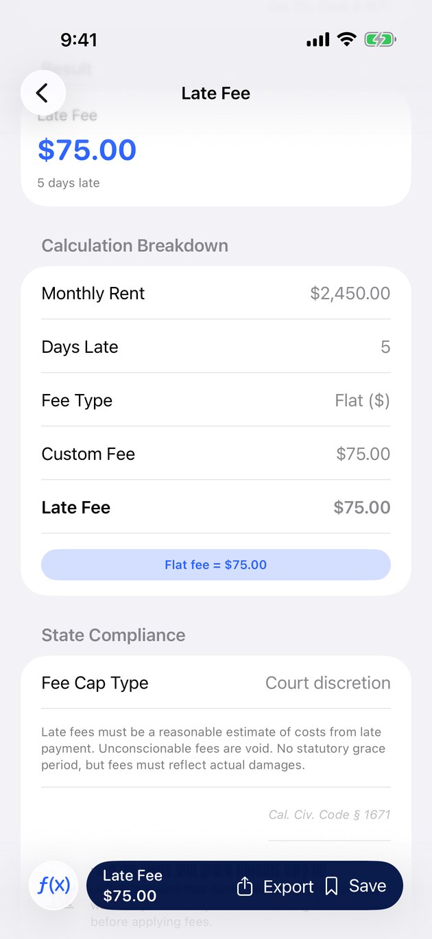 Late fee calculator with state compliance section
