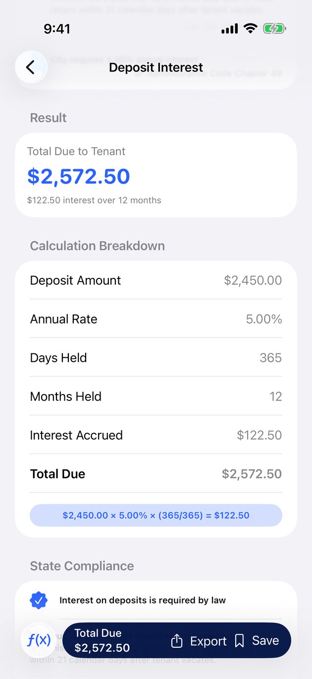 Security deposit interest calculator with the San Francisco city rate
