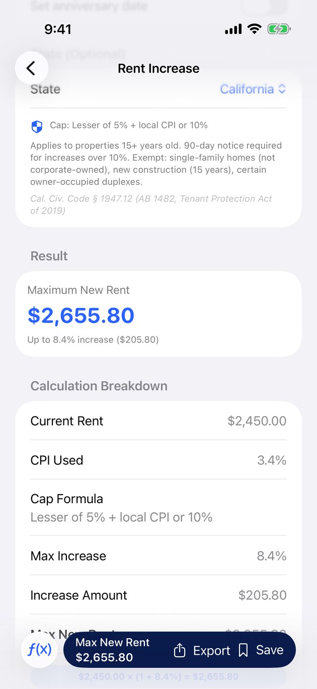 Rent increase calculator checking the California cap with live CPI