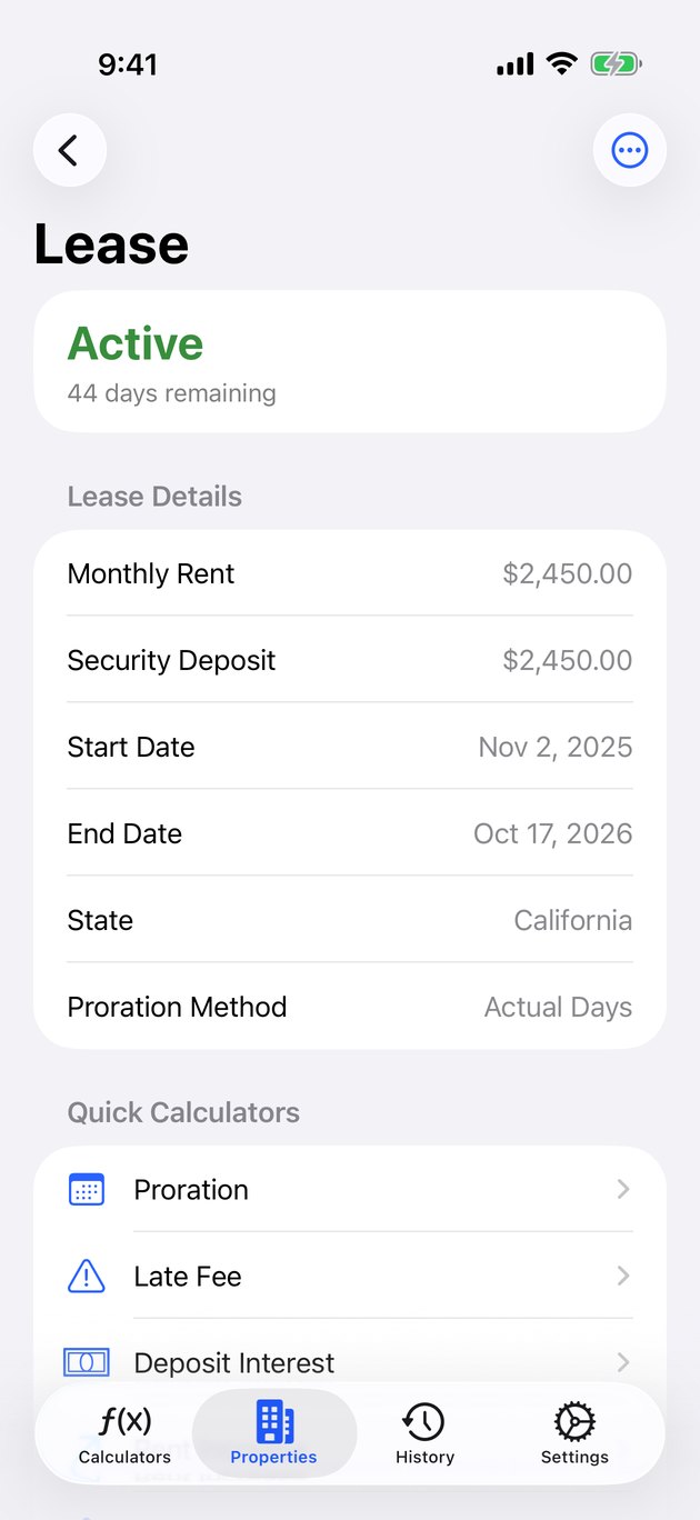 Lease tracker showing days remaining, deposit, and quick calculators